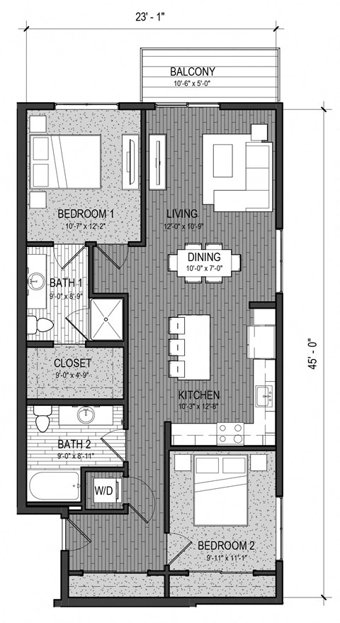 Floor plan for 2 beds, 2 baths, 1051 sqft